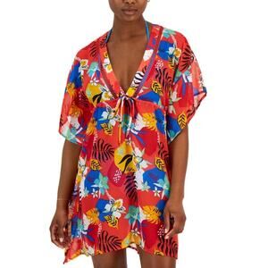 Miken Swim Women's Cinched Waist Kimono in Red Paradise Pinkhoney Bee